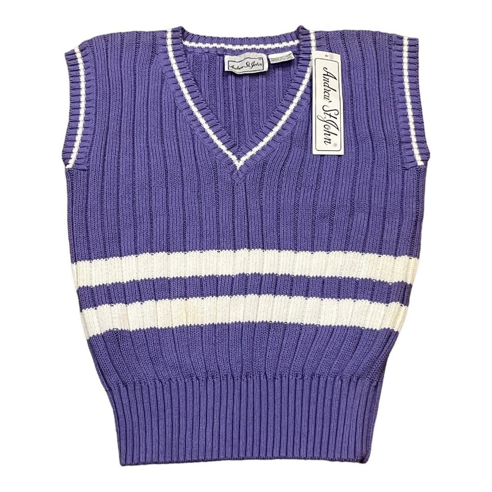 Vintage Andrew St John Medium Women’s Sweater Vest Knit Purple Stripe Golf NWT